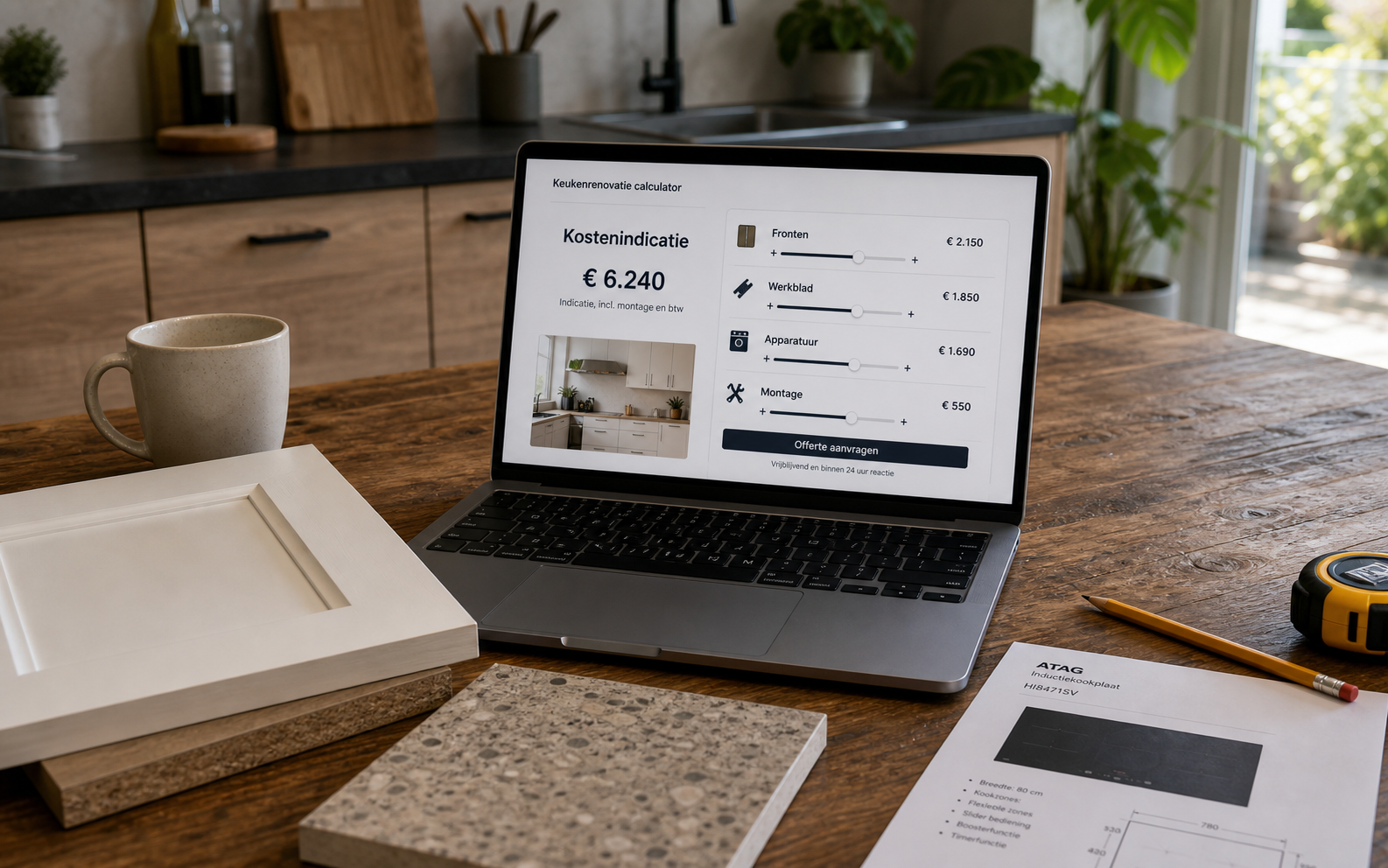 Kostenindicatie voor keukenrenovatie met fronten, werkblad, apparatuur en montage